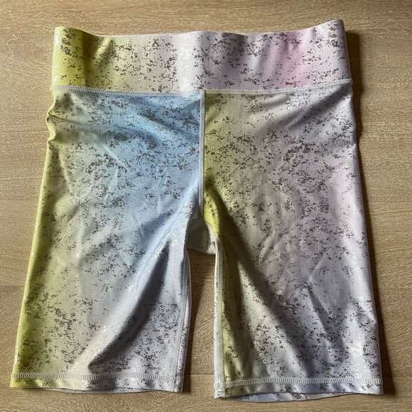 Terez Pants - Terez Soul Cycle Shine Pastel Rainbow Bike Shorts Metallic Silver Accents Medium